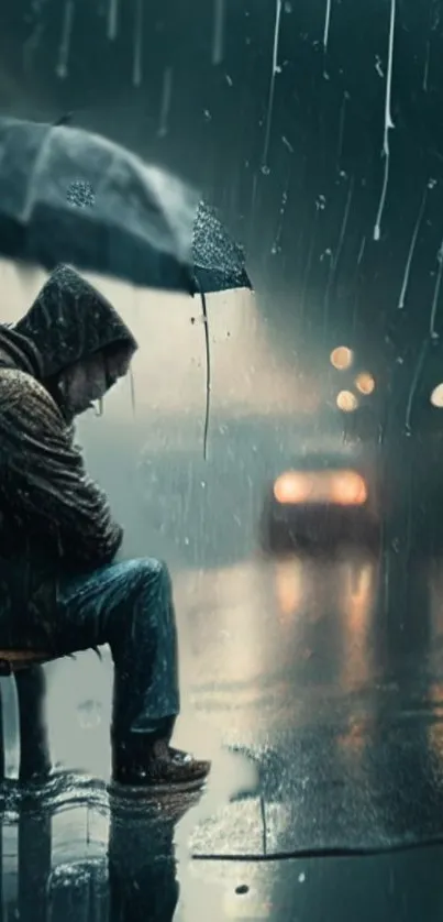 Seated figure under umbrella in rainy night with blurred city lights.