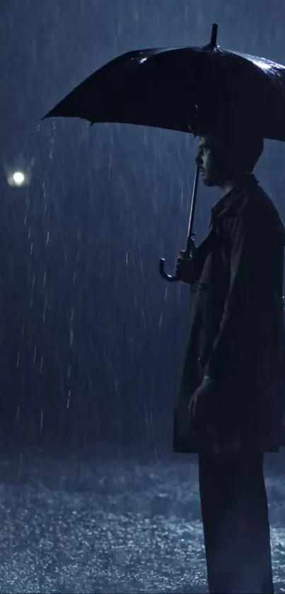 Silhouette with umbrella in the rain at night.