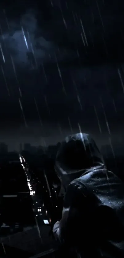 Mystery figure in hood under dark rainy city night.