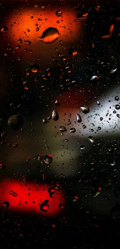 Rain on window with blurry city lights in red and black hues, creating a moody look.