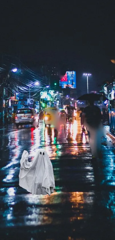 Moody rainy street with ghostly presence at night.