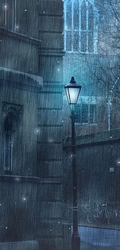 Rainy urban street with lamppost at night.