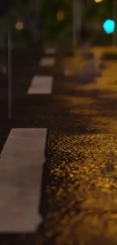 Rainy street at night with glowing lights and wet surface ambiance.