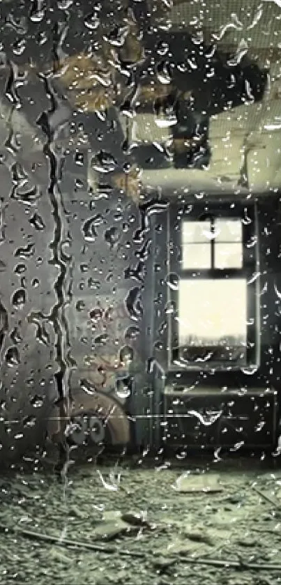 Rainy window with urban room visible, creating a moody ambiance.