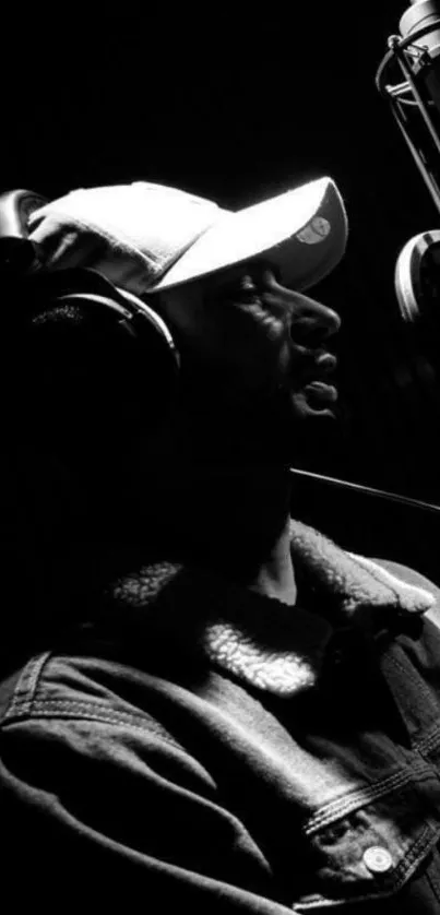 Moody black and white wallpaper of a person in a recording studio with microphone.