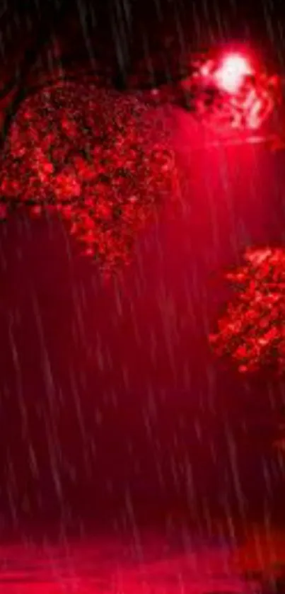 A dark, rainy night with a red streetlight glow.