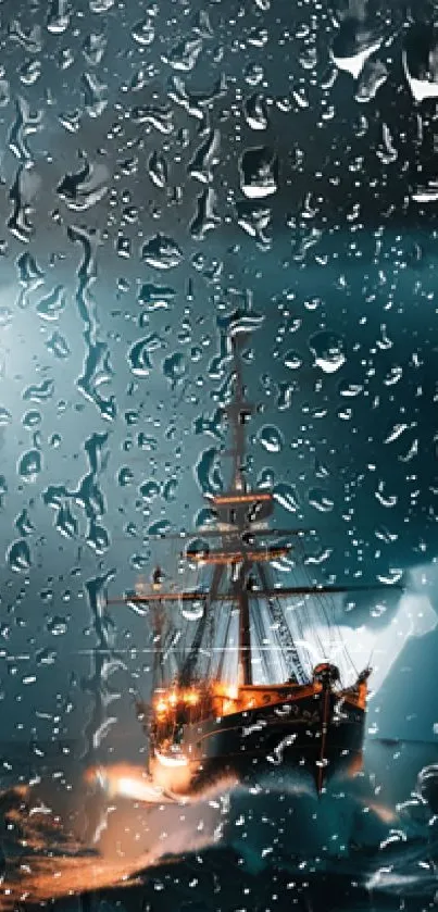 A ship sails through a rainy storm at night in this dynamic mobile wallpaper.