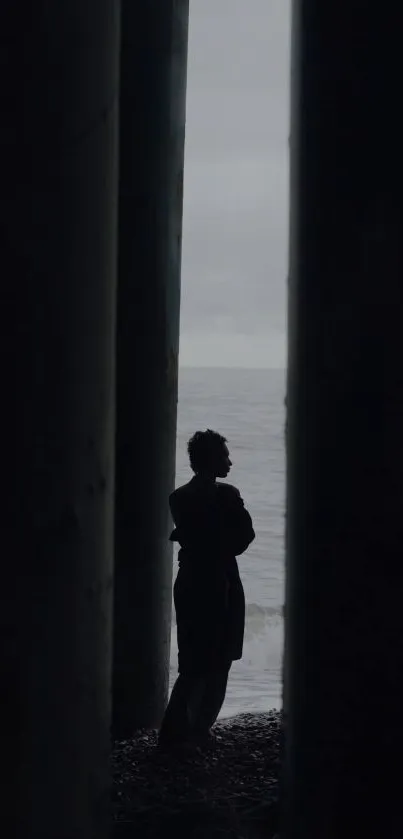 Silhouette of person framed by pillars against an ocean backdrop.