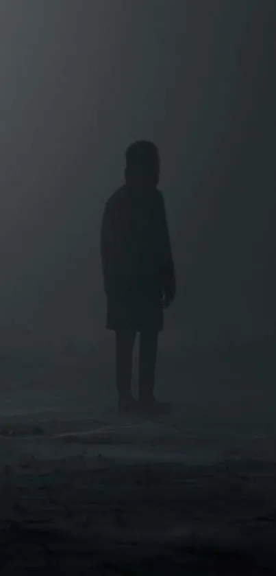 Silhouette of person in foggy, dark gray atmosphere.