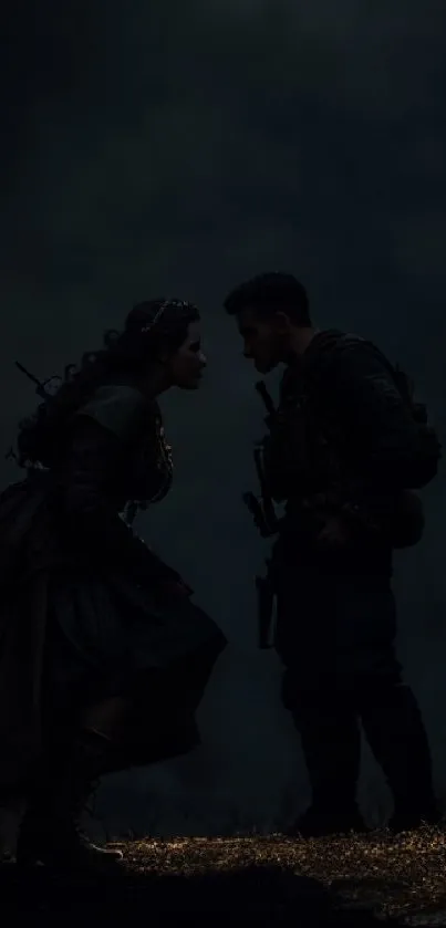 Silhouette of two figures meeting in a dark, atmospheric setting.