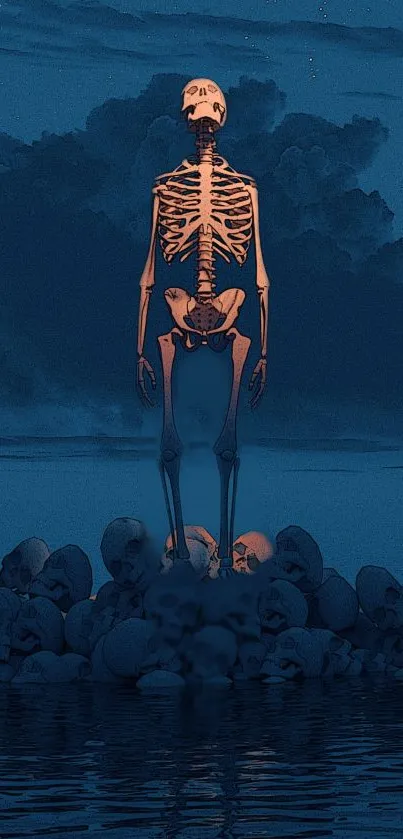 Skeleton stands among skulls with a dark blue night sky backdrop.