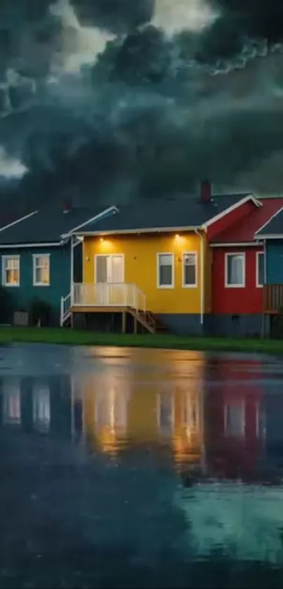 Colorful village houses under a stormy sky with reflections on wet ground.