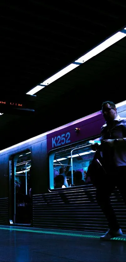 Moody subway station scene with blue lighting and a train.