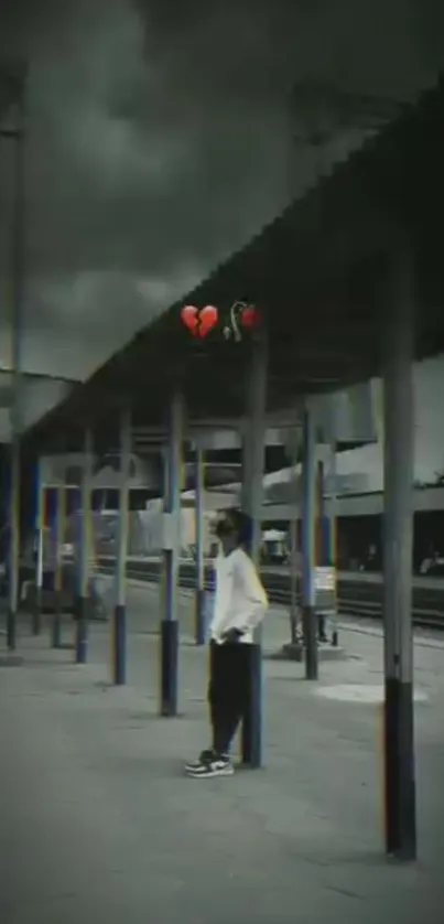 Moody train station scene with gray tones and red heart balloons.