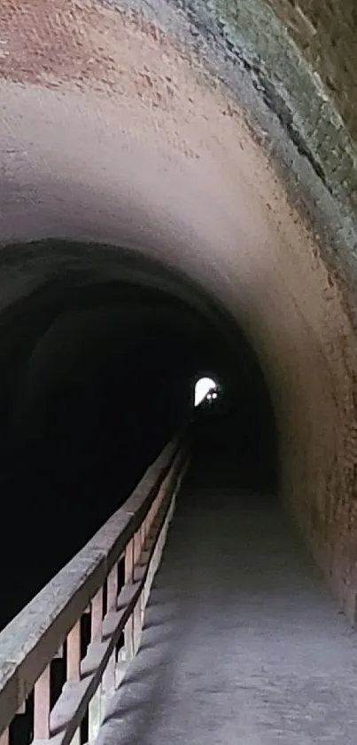 Moody brown brick tunnel with dim lighting and a distant light at the end.