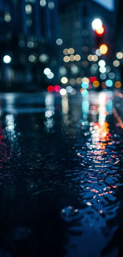 Moody urban street at night with bright reflections and city lights.