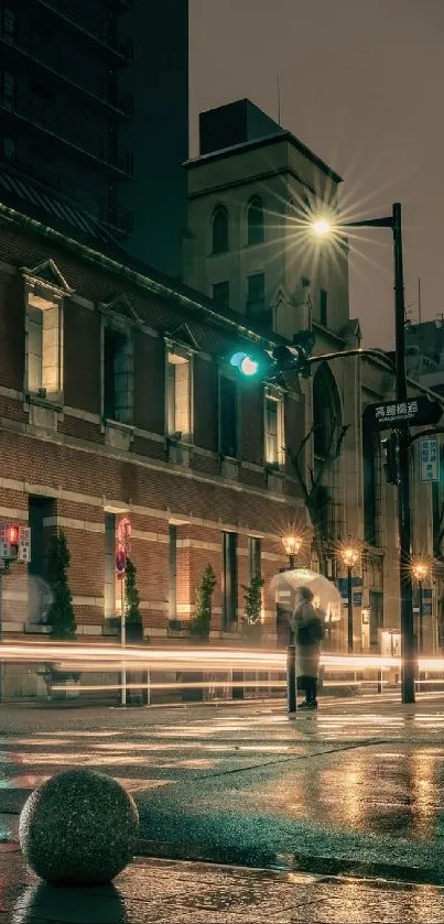 Moody city street at night with glowing lights.