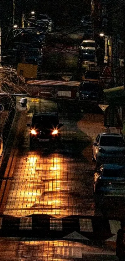 Moody nighttime street scene with reflections.