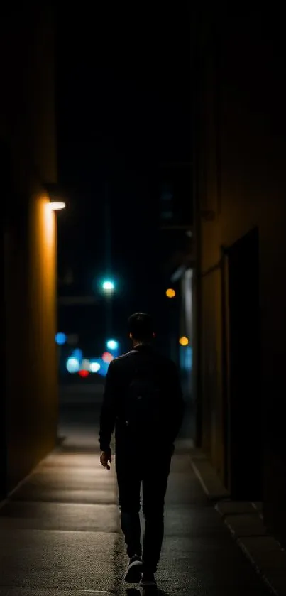 Silhouette walking in a dimly lit urban alley at night.