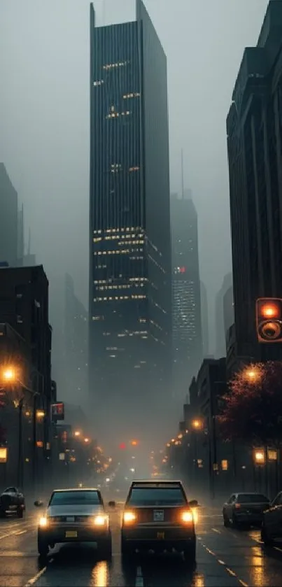 Moody urban nightscape with skyscrapers and streetlights.