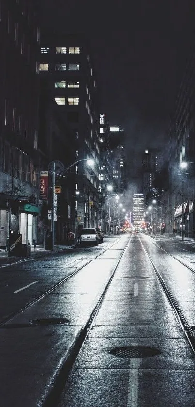 City street at night with glowing streetlights and moody ambiance.