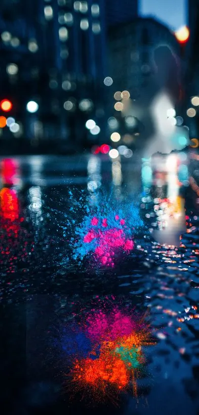 Moody urban nightscape with city lights reflecting on wet streets.