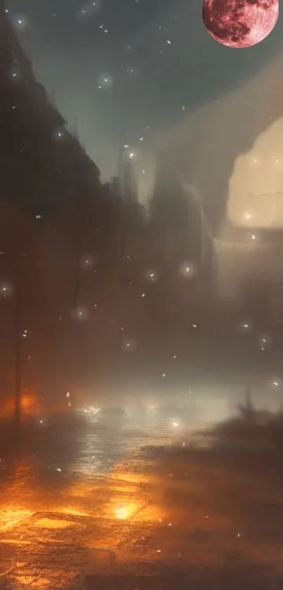 Moody urban nightscape with mist and glowing streetlights.