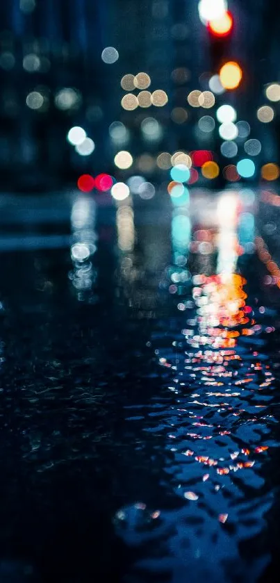 Moody urban nightscape with reflections on a wet street, perfect for mobile wallpaper.