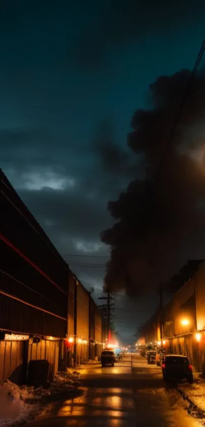 Moody urban nightscape with smoky skies and illuminated street.