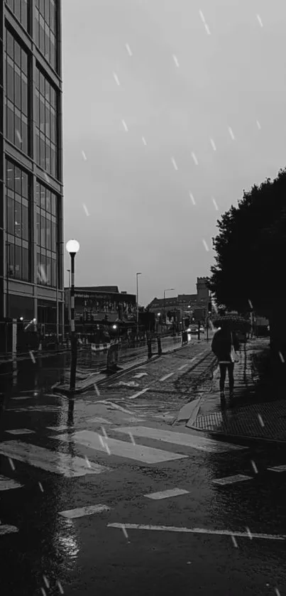 Black and white urban street at night with rain falling.