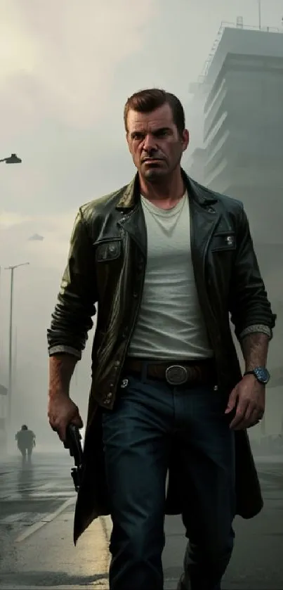 Man in leather jacket on a misty urban street, exuding a cinematic atmosphere.