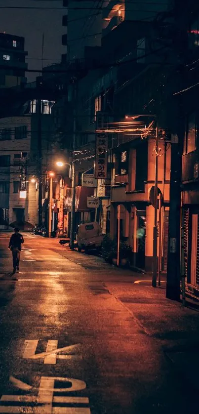 Moody urban street scene at night with warm orange lights.