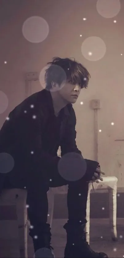 Moody vintage room with chairs and a solitary figure.