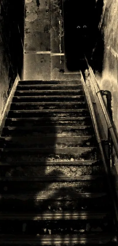 Moody vintage staircase with shadows creating a dramatic and eerie atmosphere.