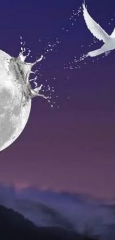 Moon splash and dove in purple sky wallpaper.