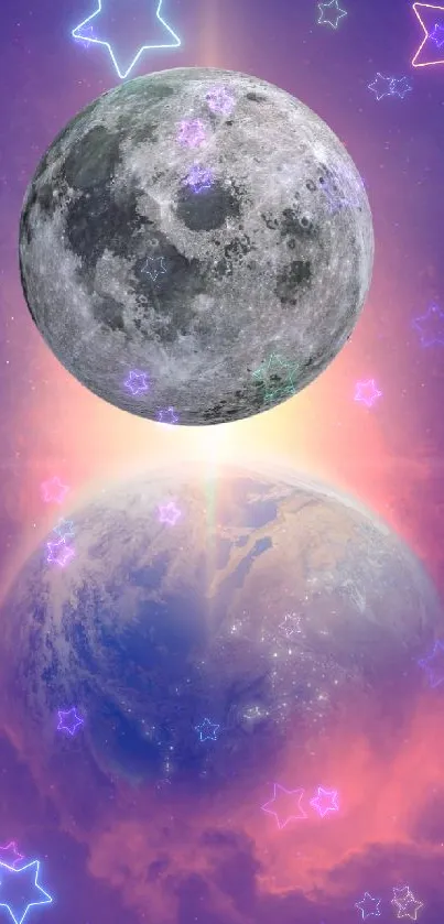 Fantasy art of the Moon and Earth with vivid purple tones.