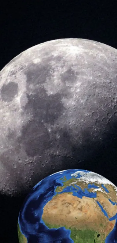 Stunning wallpaper of the Moon with Earth below on a dark background.