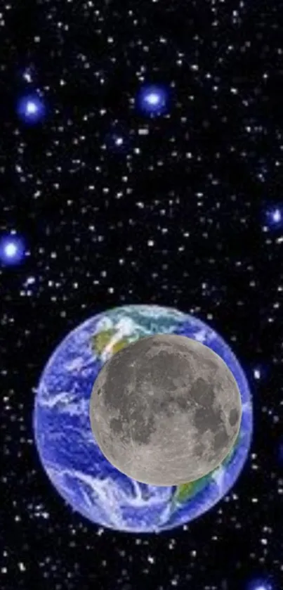 Wallpaper of the Earth and moon in outer space with stars.