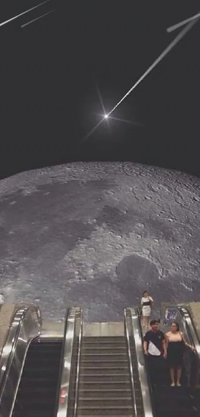 Surreal wallpaper of a moon and escalator.