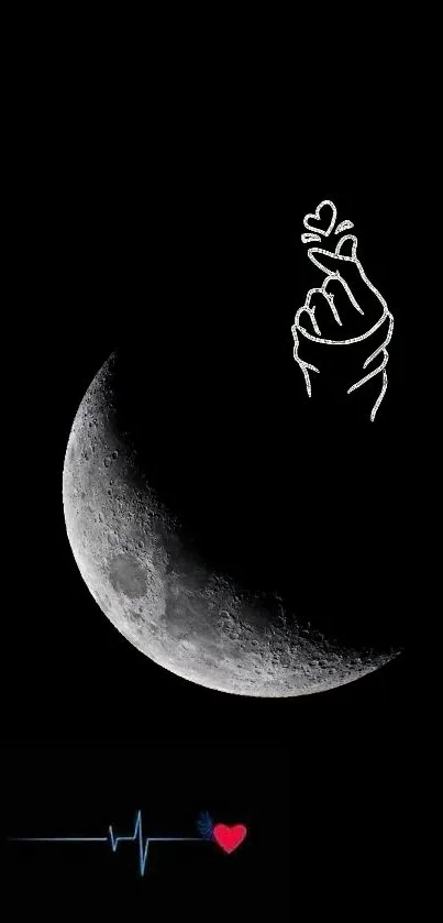 Mobile wallpaper featuring a crescent moon, hand gesture, and heartbeat line illustration.