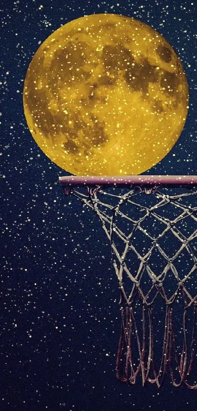 A full moon overhangs a basketball hoop against a dark, star-filled sky.