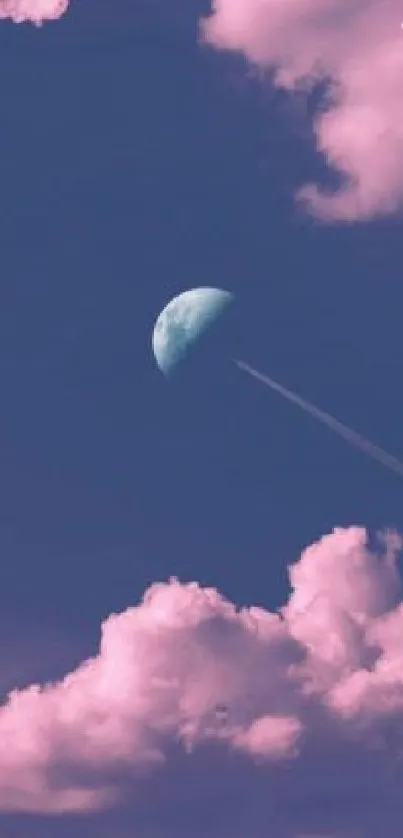 Moon in blue sky with pink clouds wallpaper.