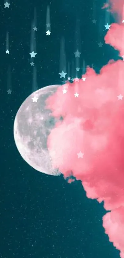 Moon with pink clouds in a dark teal sky wallpaper.