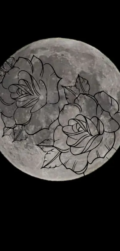 Grayscale moon with floral line art on a dark background.