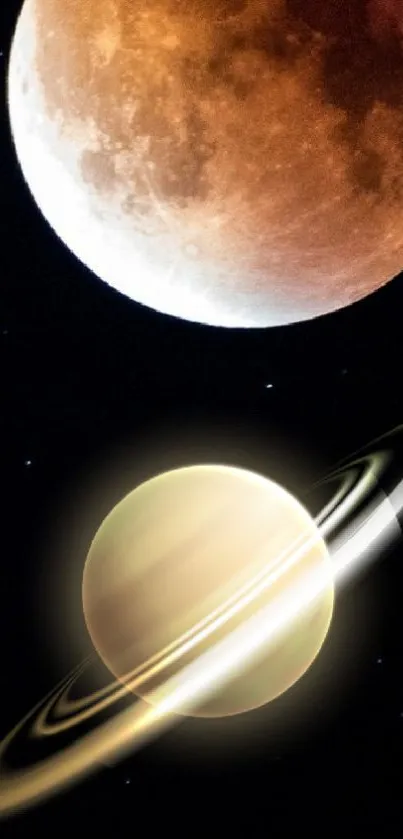 Moon and Saturn illustrated mobile wallpaper.