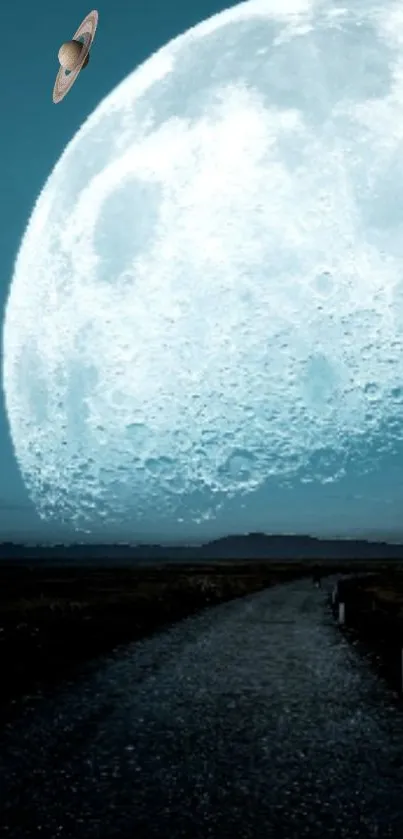 Surreal giant moon and Saturn over a dark landscape.
