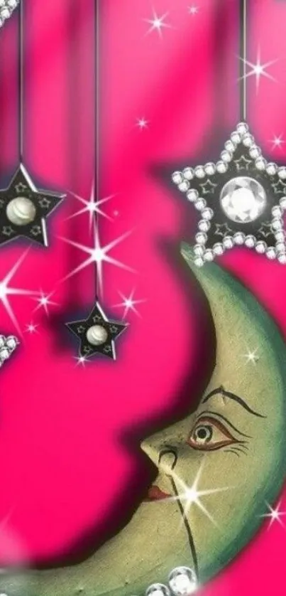 Whimsical crescent moon with sparkling stars on a vibrant pink background.