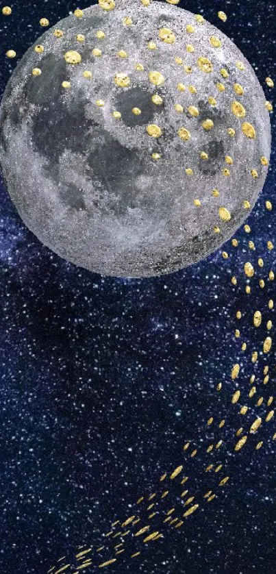 Moon and golden stars on a dark galaxy backdrop.