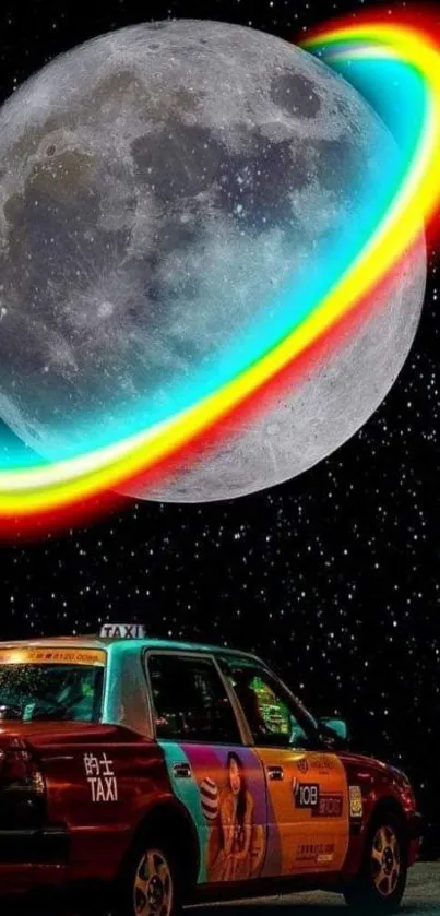 Neon moon with colorful rings above city taxi under a starry night sky.