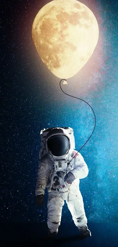 Astronaut holding moon balloon under a starry sky.